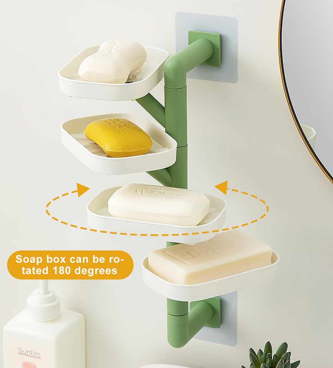 Jabonera giratoria de 4 capas con autodrenante, sin taladrar, jabonera montada en la pared para ducha, baño, bañera y cocina