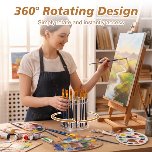 Image of Fiwochic Acrylic Rotating Paint Brush Holder, 360 Clear Handmade Rotating Paint Brush Holder Organizer Spinning Desktop Caddy for Artists Makeup Arts Crafts Tools Calligraphy Pens