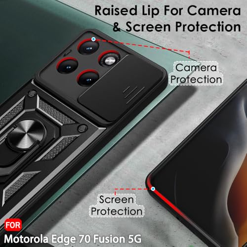 Image of TheGiftKart Tough Armor Bumper Back Cover Case for Motorola Moto Edge 70 Fusion 5G | Kickstand & Ring Holder | 360 Degree Protection Back Cover Case (PC & TPU, Sliding Camera Cover, Black)