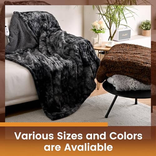 Bearhug Heated Throw Blanket 50" x 60" Electric Throw Warming Blanket Reversible Faux Fur & Sherpa, 6 Heating Levels & 4H Auto Off, Over-Heat Protect, ETL, Washable Heated Blanket Marble Black