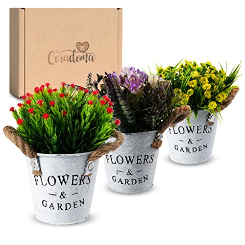 Coradoma Kunstblumen im Topf 3er Set Weiß Künstliche Pflanzen Dekoration | Wohnzimmer Deko modern Küchendeko Blumen | Kunstpflanze Sukkulente Fensterbank Schreibtisch Wanddeko Büro Schlafzimmer Cover