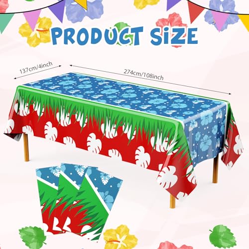 Image of Oudain 3 Sheets Hawaii Hibiscus and Tropical Leaves Tablecloth Birthday Party Decorations Blue Alien Cartoon Table Covers for Birthday Party Supplies