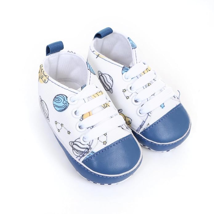 Baby Boys & Girls Soft Cotton Canvas Booties with Matching Ankle Socks | First Walker Crib Shoes | Anti-Skid Soft Sole | Lightweight Infant Shoes | Space Planet Print | 0-3 Months-image-46