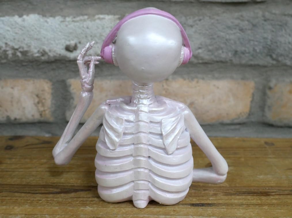 Skeleton With Headphones (Pink) Bust Ornament, Intricately Crafted Resin Tabletop Sculpture - Halloween Decor, Unique Home Decor for a Skeletal Touch!