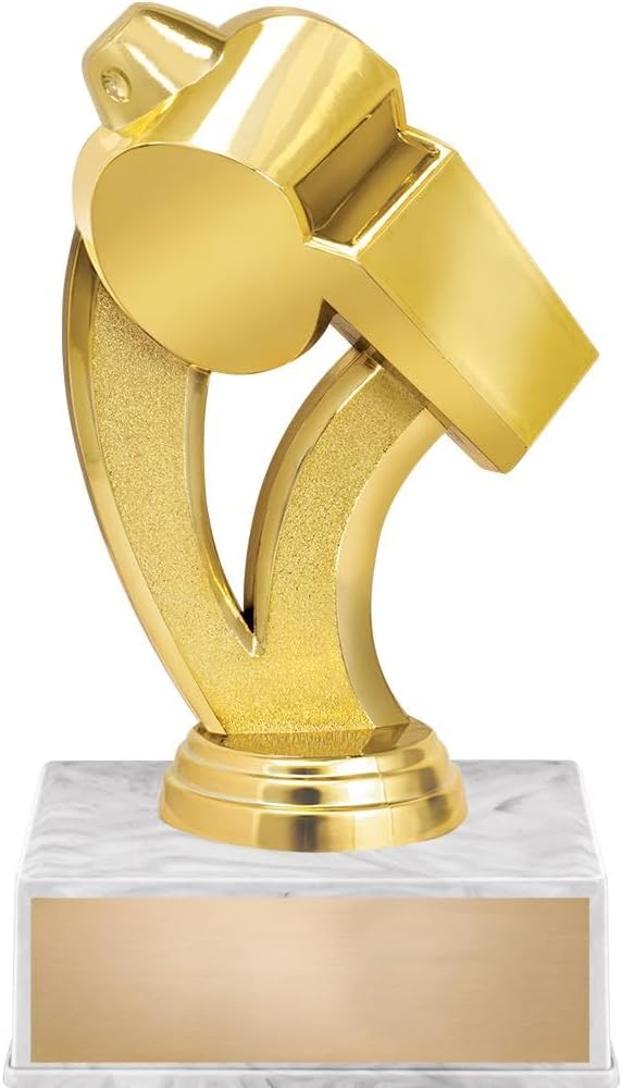 Coach Trophy, 6" Coach Whistle Trophy On White Luxury Trophy Base