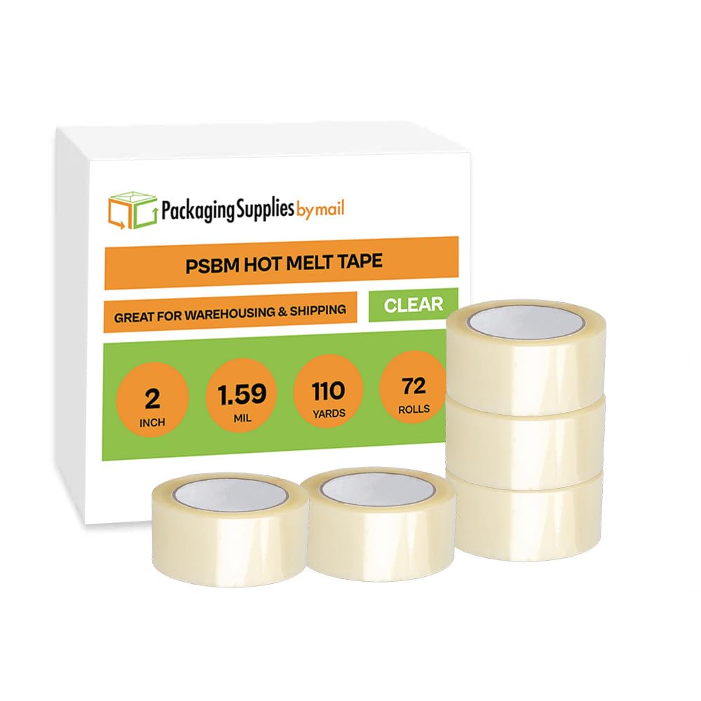 PSBM Packing Tape, 2 Inch x 110 Yards, 72 Pack, Clear Hot Melt Shipping Tape for Packaging Moving Boxes Mailing