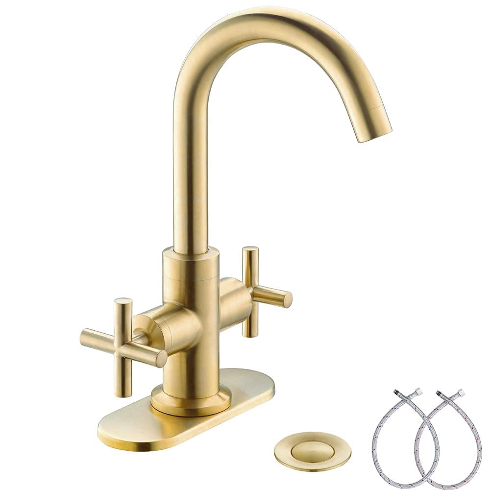 Robinet de Salle de Bain à Deux poignées, Finition Or brossé, entraxe de 10 cm (4 Pouces), avec bonde, Plaque de Montage et Flexibles d'alimentation. Convient pour 1 à 3 Trous.