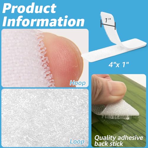 Art3d 16 Sets Hook and Loop Tape Sticky Back,1 in.x 4 in. Double-Sided Adhesive Strip, Heavy Duty, White