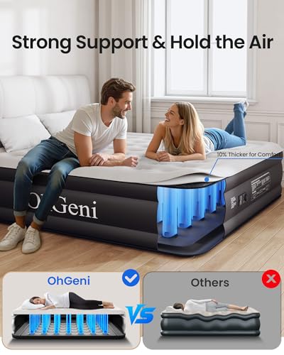 OhGeni Cal King Air Mattress with Built-in Pump, 18" Tall Inflatable Blow Up Air Bed with Carrying Bag for Camping, Guest. Raised Elevated High Airbed, Foldable & Portable Colchon inflables, Black
