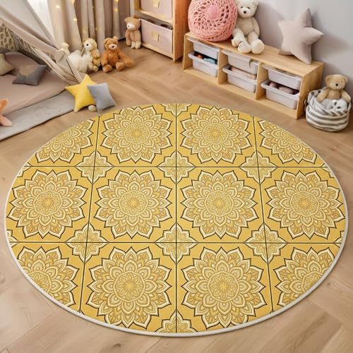 Tapis poils courts mandala jaune doré 200cm antidérapant