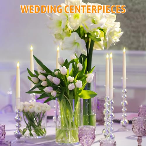 Image of Baquler 24 Pcs 8.5 Inches Flameless Flicker Taper Candles LED Candles Flickering Warm White Light Ivory LED Candlesticks Window for Christmas Wedding Home Decor
