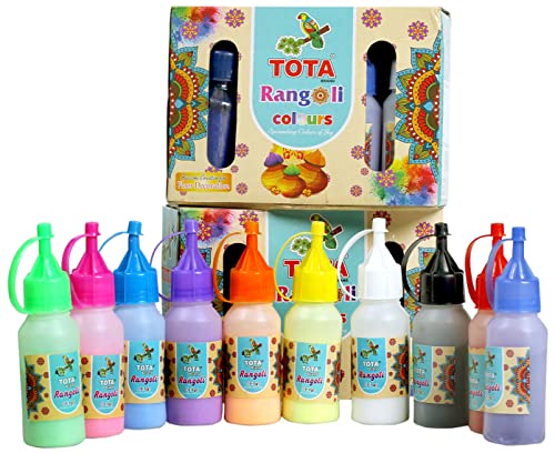 TOTA Rangoli Colour Powder Bottles Kolam Rangoli Powder for Floor Rangoli, Art,Home Decor, Pooja Set of 10 Rangoli Colors in Plastic Squeeze Bottles - 800 Gm, Multicolour