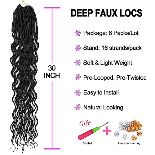 FANWYFYU New Faux Locs Crochet Hair With Deep Curly Ends 30 Inch 6Packs Black Goddess Soft Locs Synthetic Braids Prelooped Dreadlock Hair Extensions ((1B) - Image 2
