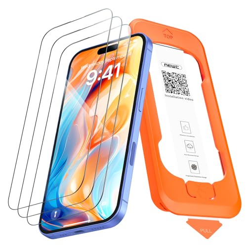 NEW'C 3 Piezas, Protector de pantalla Cobertura total para iPhone 16, iPhone 15 6,1 pulgadas [Instalación Automática], Cristal Vidrio Templado - Ultra Resistente - Efectivo contra Rayones