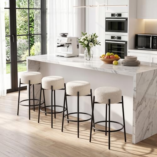 Set de 4 Butacos Modernos para Barra 26" Sin Respaldo, Asiento Redondo Acolchonado Blanco con Giratorio 360° para Isla de Cocina y Pub en Casa miniatura 3