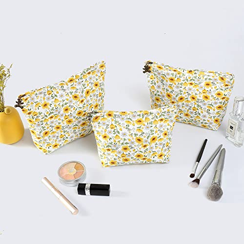 Hoyofo Make Up Bag Pack Of 3 Travel Cosmetic Bag Women’s Essentials Accessories Storage Pouch, Yellow Flower #TOP4