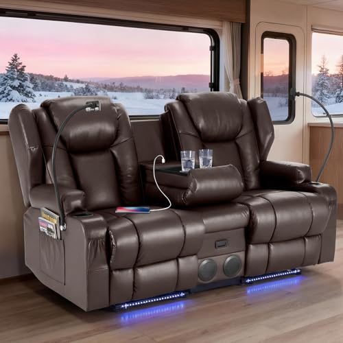 Image of Redlife Power Loveseat Recliner Sofa with Console, PU Leather Dual Reclining Couch with Blue LED Lights, Bluetooth Speakers, USB Ports, Phone Holders, Home Theater & RV Recliner (Brown)