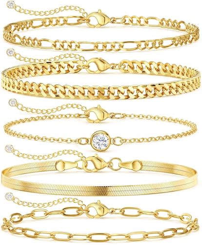 Image of DEARMAY Gold Bracelets for Women Waterproof Stackable Dainty 14K Gold Plated Rope Cuban Snake Paperclip Figaro Link Chain Pack Bracelet Adjustable Non Tarnish Fashion Accessories Jewelry Sets Gifts for Womens Mom