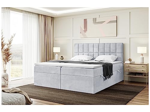 MEBLINI Boxspringbett mit Bettkasten - Gepolstert Doppelbett mit Matratze und Topper - Polsterbett mit Stauraum - Bett mit Kopfteil - Stauraumbett - Lukas - 200x200 - H4/Hellgrau Samt