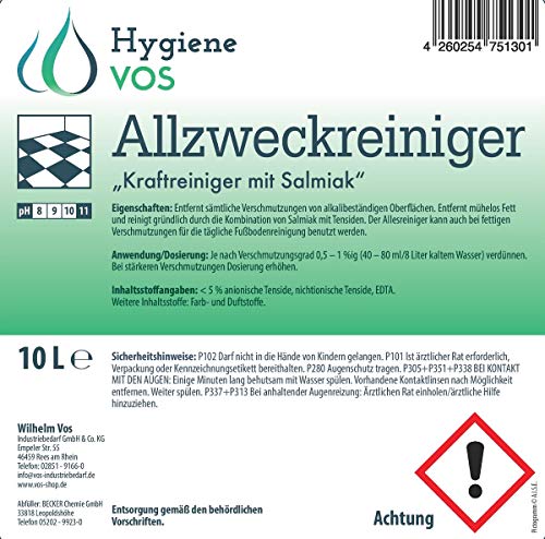 Foto von Hygiene VOS Allzweckreiniger mit Salmiak 10 Liter Kanister. Alkalischer Hochleistungsreiniger für alkalibeständige Bodenbeläge