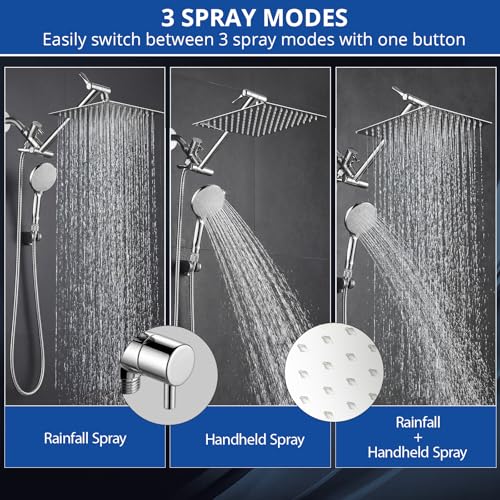 Image of Shower Head, 10'' High Pressure Rainfall /Handheld Shower Combo, Chrome | 9 Settings, Anti-leak Shower Head with 11'' Extension Arm, Holder, Hose, Height /Angle Adjustable Shower, 1.75GPM