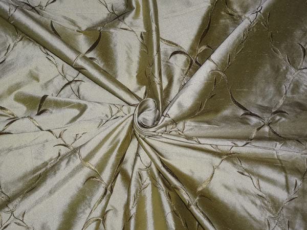 Soie Dupioni brodée vert olive clair 137cm tissu haute couture DUP#E50