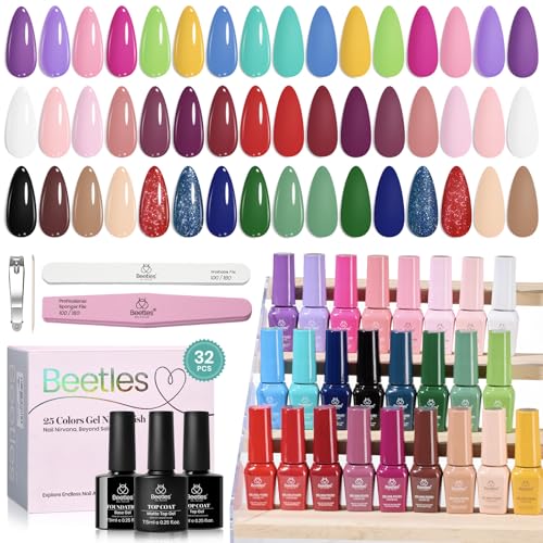 Image of Beetles Gel Nail Polish Set, 25 Colors Color Dairy Polish Kit, Nude Black Brown Red Color Gel Nails with Base Coat Glossy & Matte Top Coat Colorful Bottles UV Led Soak Off Gifts for Women