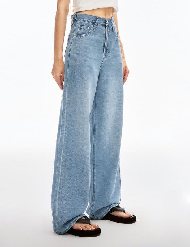 Women’s Adjustable Wasit Baggy Jeans with Snap-Button Waistband Wide Straight Leg High Rise Jeans Denim Pants Y2K Trousers