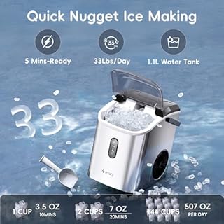 ecozy Nugget Ice Maker Countertop with Handle, Pebble Ice in 5 Mins, 33 lbs Per Day, Self-Cleaning Ice Machine with Ice Bags and Scoop, Portable Ice Maker for Kitchen, Bar, Parties, Camping, RV