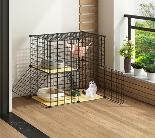 Fiozwea ペット猫用 家庭用 屋内 2層式 猫ベッド トイレ付き 大型ハムスター用 ユニバーサルホイール付き (75*49*73 CM,黒)