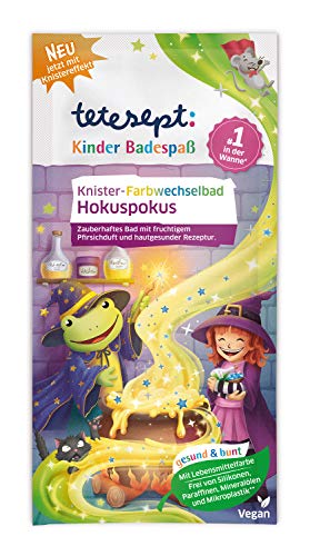 tetesept Kinderbadplezier knisster-kleurveranderend bad hokuspocus – verzorgend badadditief met fruitige perzikgeur voor kinderen – 1 x 45 g