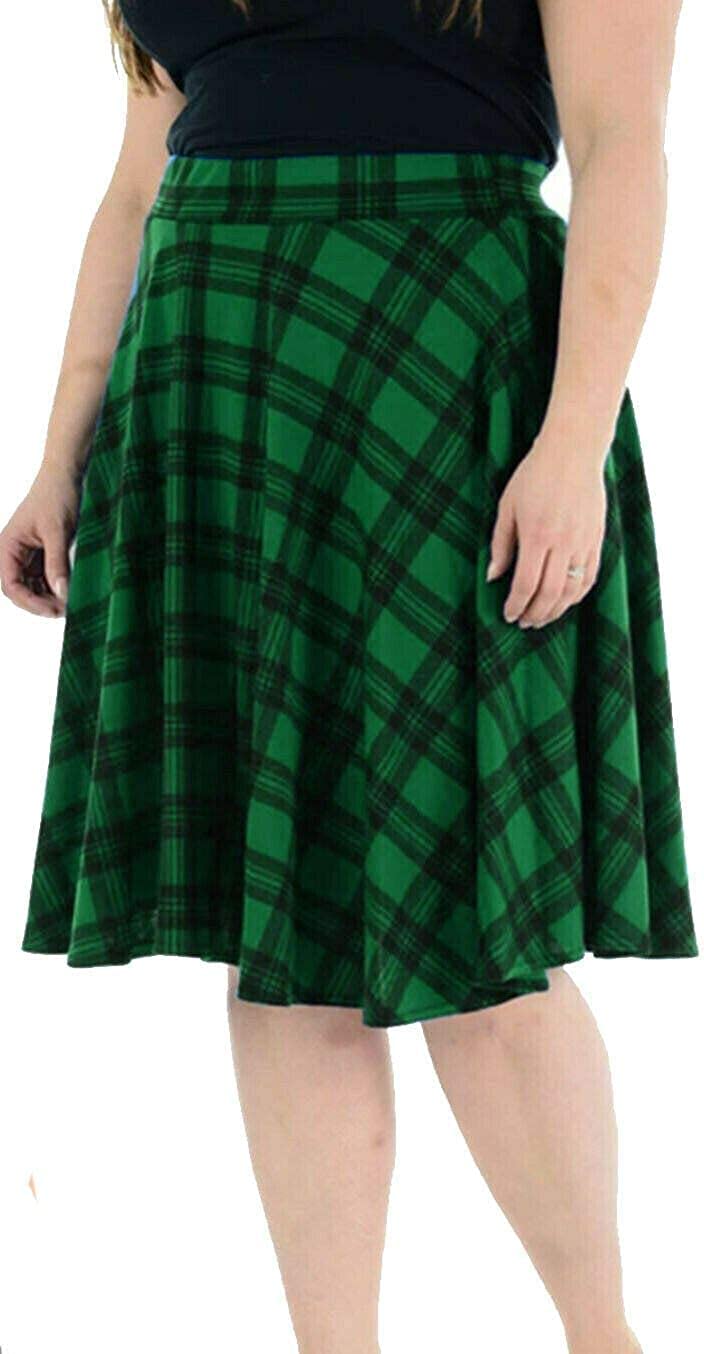 Wearall Women's Tartan Green Plus Size Tartan Check Print Elastic Short Skater Skirt Green - 26-28