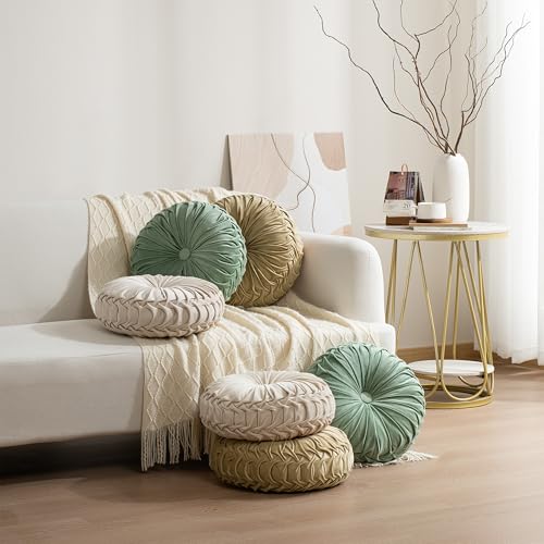 Image of HIG Set of 2 Decorative Round Pleated Throw Pillows, Classy Accent Pumpkin Throw Pillows with Center Button, Vintage Velvet Floor Pillows for Sofa Vanity Chair Bed, Sage, 14.5 inch Diameter(Ripple)