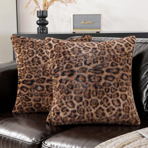 SYSLOON Faux Fur Cheetah Print Pillow Covers 18x18 Inch Set of 2 Leopard Print Decorative Pillow Covers Home Decor for Living Room Sofa & Bed Beige Brown Leopard
