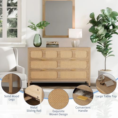 6 Drawer Dresser, Rattan Dresser for Bedroom with Metal Handles, Farmhouse Wood Storage Chest of Drawers for Bedroom, Living Room, Hallway, Entryway, Oak