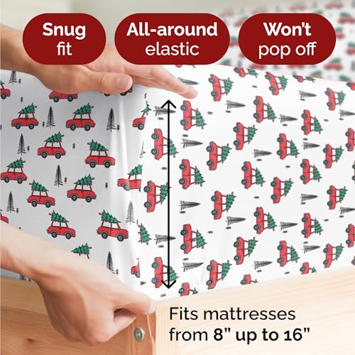 King Christmas Christmas Cars Sheet Set - Holiday Xmas Pattern Bedding Set - Deep Pockets - Snug Fit - 4 Piece - Wrinkle Free - Cooling Comfy Festive Winter Holiday Sheets for Women, Men, Kids & Teens