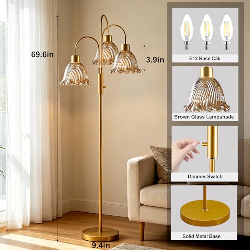 Image of 3-Light Glass Floor Lamp for Living Room, 70 inch Gold Dimmable Standing Tall Lamp with Amber Glass Shades &3PCS 3000K Warm White Bulbs for Wedding /Party, Modern Tree Pole Lamp for Bedroom Home Decor