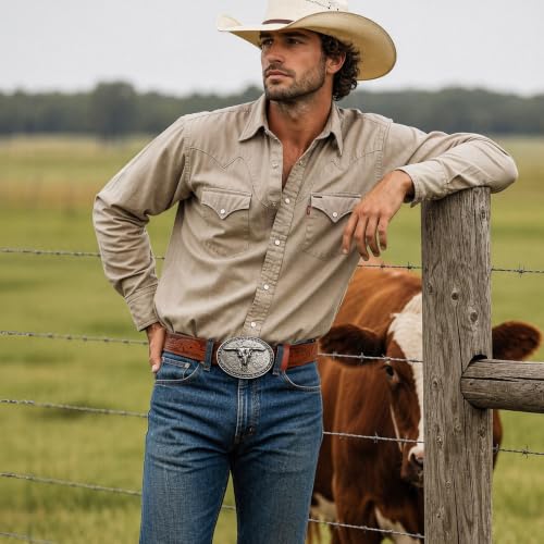 Image of SANSTHS Genuine Leather Cowboy Belts for Men Western Belt Buckle for Jeans