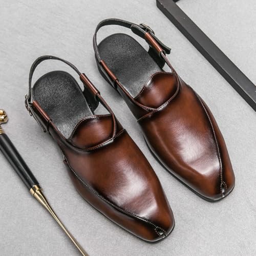 Men's Panelled Leather Closed-toe Sandals with Adjustable Buckle Straps Non-slip Breathable Pointed Block Heel Slippers, Business Walking Driving Office Dress Shoes (brown,8.5)2