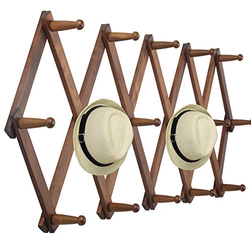 Image of WEBI Accordion Wall Hanger, Wooden Coat Rack Wall Mounted, Hat & Cap Hook Rack, 16 Peg Hooks, Walnut Color