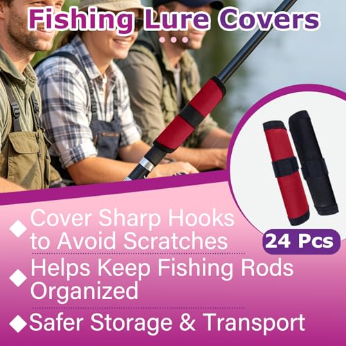 Bookiq 24 Pcs Fishing Lure Covers Protector Fundas para Anzuelos de Cañas de Pescar, 12 Rojo y Negro, 6 Pulgadas miniatura 2