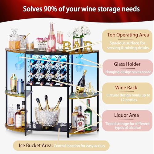 JKsmart Wine Bar Cabinet with LED Lights, Mini Wine Bar Cart with Storage and Glass Holder, Home Bar Coffee Bar for Liquor, 3-Tier Bar Table for Kitchen, Dining Room, Living Room, Black - Image 4