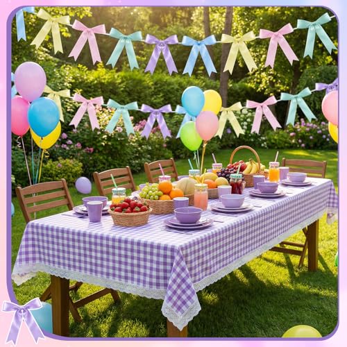 Image of NatNarr 2 Pcs Pastel Bow Garland Banner, Pre-Strung Satin Ribbon Bow Banner Pastel Party Decorations for Home Classroom Decor Bridal Baby Shower Birthday