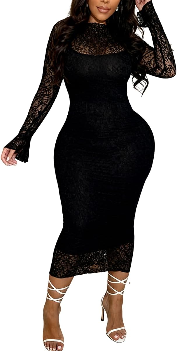 ABKY Sexy Lace Dress for Women Long Sleeve Mesh See Through Midi Bodycon Dresses 2 Piece Dress Set Birthday Date Night Outfit