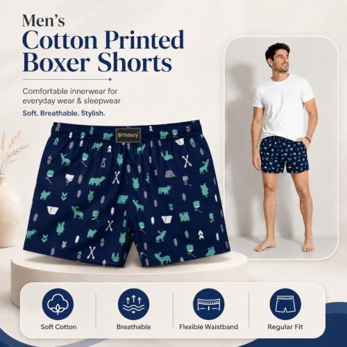 Image of Men's Ultralight Cotton Printed Boxer Shorts | Regular Fit | Soft Cotton Fabric with Microfibre Waistband for All-Day Comfort (Navy Blue-2XL)