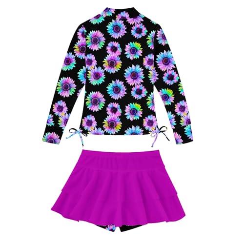 Image of Vogseek 3-12T Girls Rash Guard 2 Pieces Bathing Suit Long Sleeve Swimsuit Swimming Skirt with Shorts Swimwear