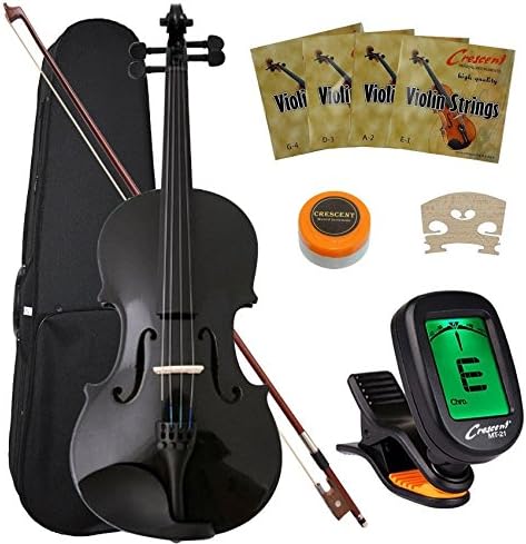 Crescent 4/4 Full Size Student Violin Starter Kit, Black Color (Includes CrescentTM Digital E-Tuner)