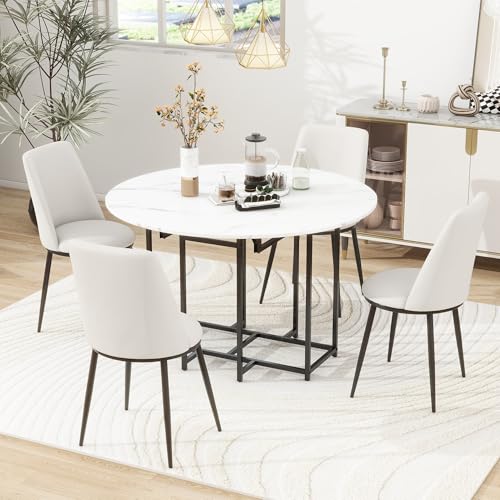 Merax Space-Saving Dining Room Table Set for 4, Extendable Dining Table Round Faux Marble Top with Golden Frame, 4 Upholstered Chairs, Compact Foldable Design for Small Space, White+Beige -  FF00030