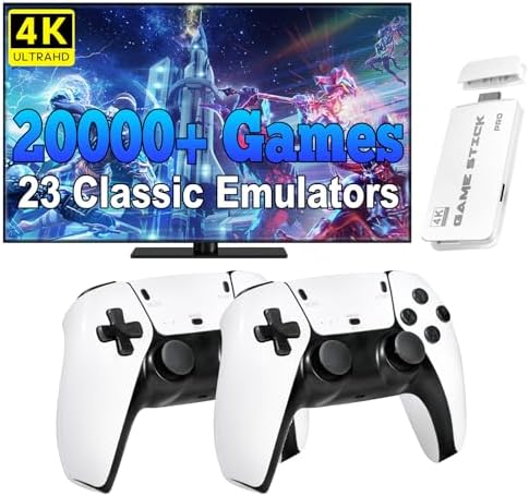 Retro Gaming Console, 20,000+ Retro Game Stick, 23 Emulators, 4K HD HDMI TV Game Stick, Includes 2 Wireless 2.4GHz Controllers,Plug & Play Video Games for TV(64GB), White