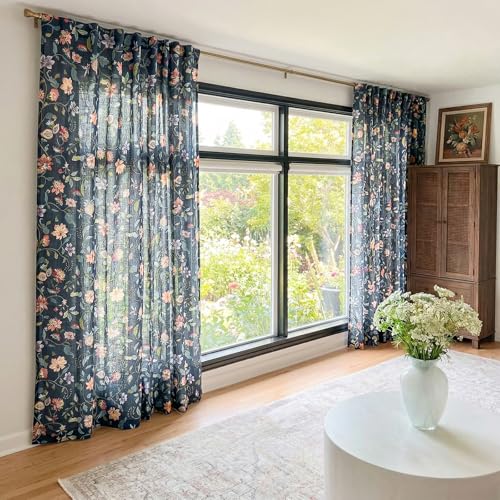 Image of jinchan Dark Blue Floral Linen Curtains 84 Inch Vintage Back Tab 2 Panels
